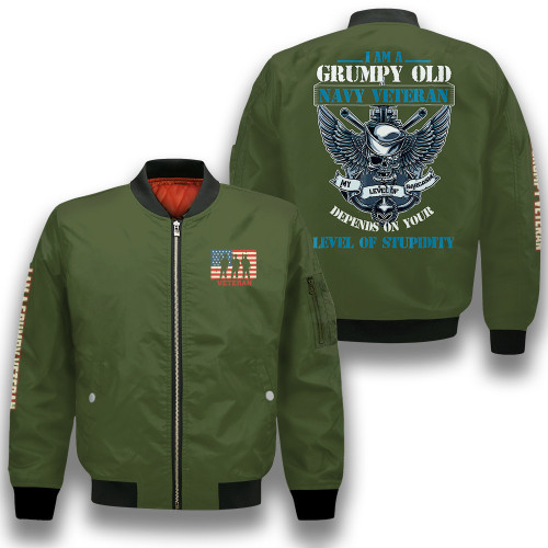 Skull I Am Grumpy Veteran Proud Veterans Day Green 3D Printed Unisex Bomber Jacket