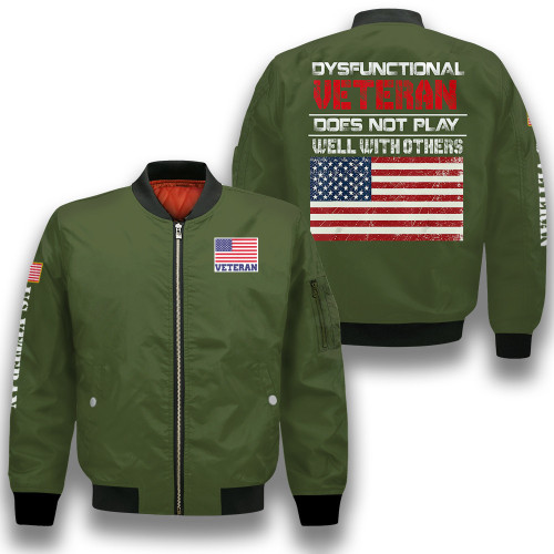 Dysfunctional Veteran Does Not Play Well With Others Green 3D Printed Unisex Bomber Jacket