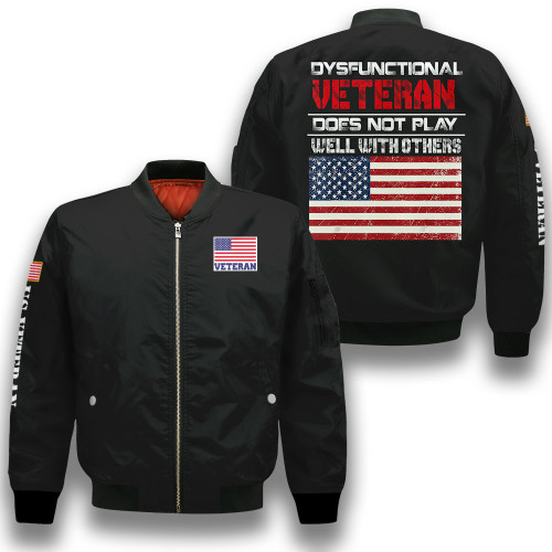 Dysfunctional Veteran Does Not Play Well With Others Black 3D Printed Unisex Bomber Jacket