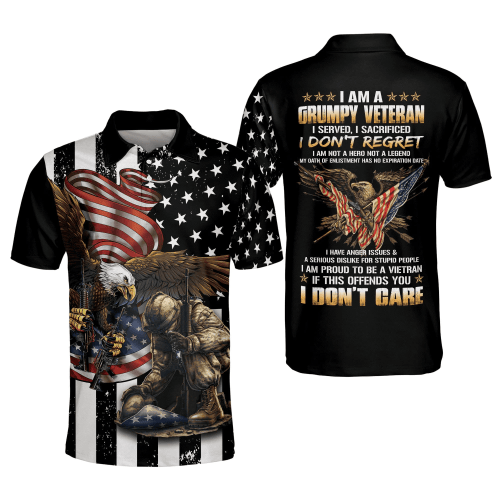 I Am Grumpy Veteran American Eagle Polo Shirt, Gift for Men Veteran Dad Grandpa Polo Shirt