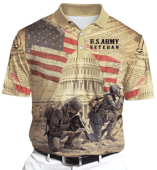 Us Army Veteran Independence Day Patriot USA Flag And Capitol Polo Shirt
