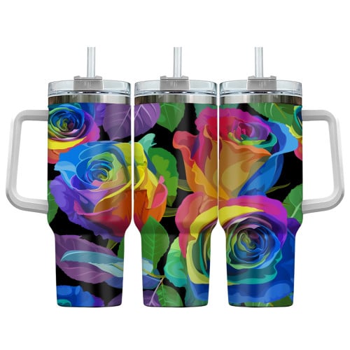 Happy Valentine's Day Pattern With Multicolored Roses On Black Background 40oz Tumbler With Handle