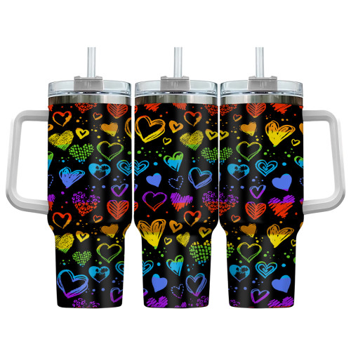 Hand Drawn Valentine Grunge Neon Hearts In Lgbt Flag Color 40oz Tumbler With Handle