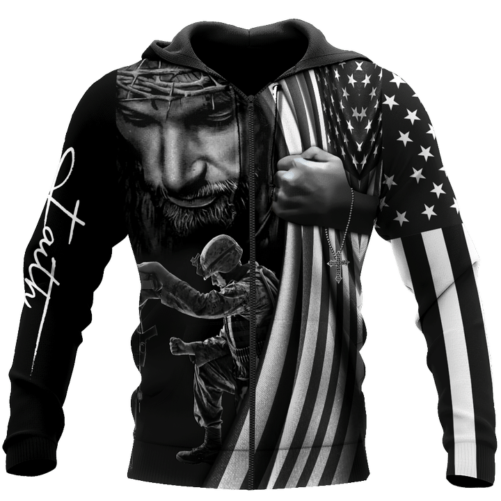 Veteran Zipped Hoodie, U.S Veteran, Jesus Christ, One Nation Under God All Over Printed Zipped Hoodie - ATMTEE