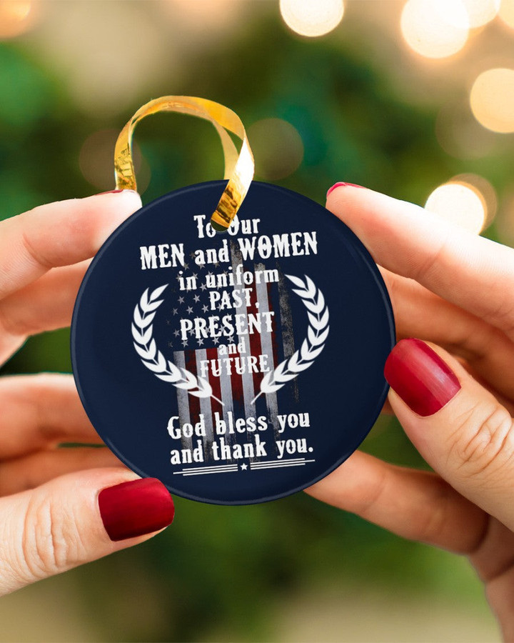 Veteran Ornament, To Our Men And Women In Uniform Past American Flag Circle Ornament (2 Sided) - ATMTEE
