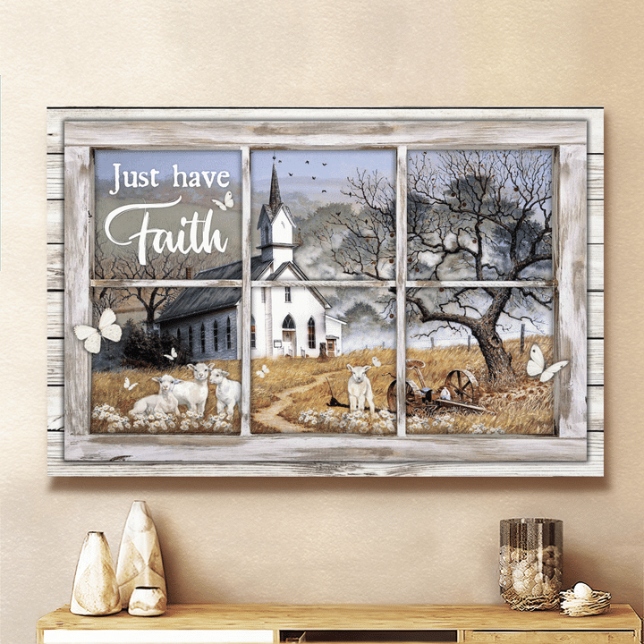 Just Have Faith, White Church, Sheep, Butterfly, Countryside, God Canvas, Christian Wall Art