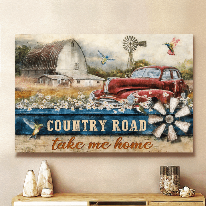 Country Road Take Me Home, Old Car, Countryside, Hummingbird, Flower, God Canvas, Christian Wall Art