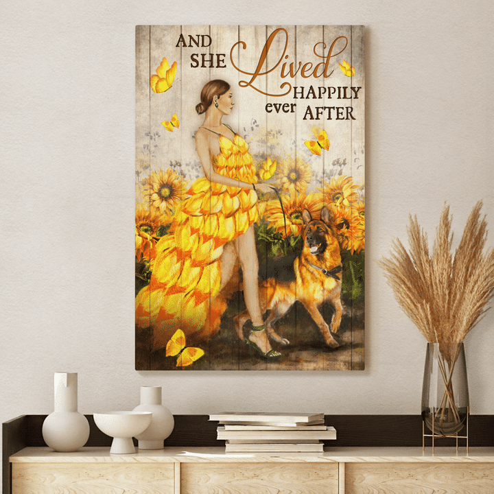 And She Lived Happily Ever After Canvas, Beautiful Girl, Yellow Dress, German Shepherd, God Canvas, Christian Wall Art