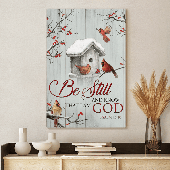 Red Cardinal, Snow Birdhouse, Winter Forest, Be Still And Know That I Am God - Jesus Portrait Canvas Prints, Christian Wall Art