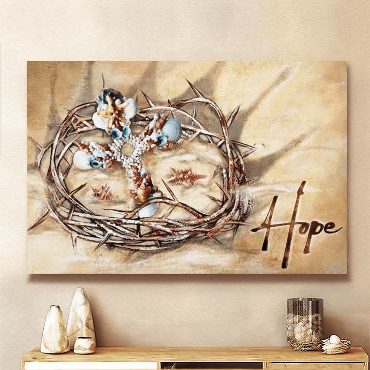 Hope, Seashell Cross, Crown Of Thorns, Sand, God Canvas, Christian Wall Art, Home Decor