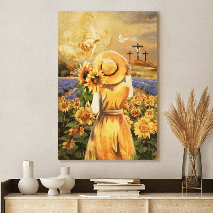 Beautiful Girl, Sunflower Field, Jesus Hand, Cross Symbol , Jesus Portrait Canvas Prints, Christian Wall Art