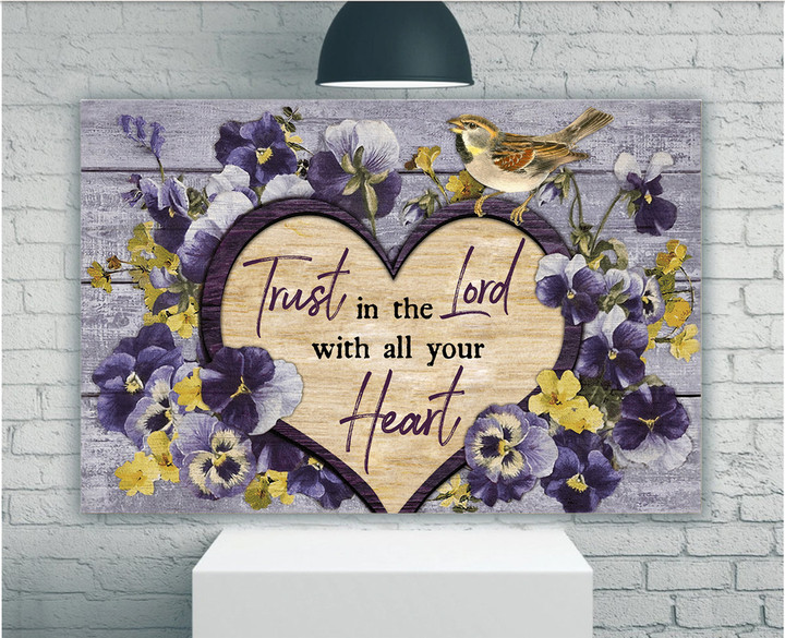 Pansy Flower, Little Bird, Heart Shape, Trust In The Lord - Jesus Landscape Canvas Prints, Christian Wall Art