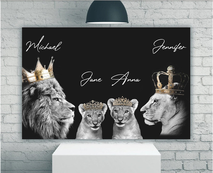 Lion Family Canvas, Custom Name Wall Art, Lion, Lioness and Cubs Canvas - ATMTEE