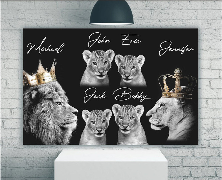 Lion Family Canvas, Custom Name Wall Art, King Queen And Their Princes Canvas - ATMTEE