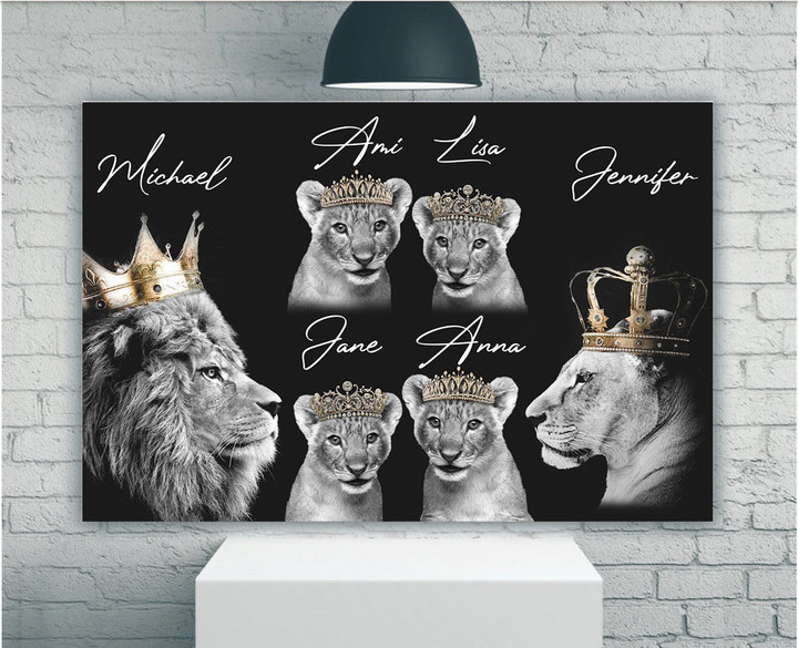 Lion Family Canvas, Custom Name Wall Art, King Queen And Princesses Canvas - ATMTEE