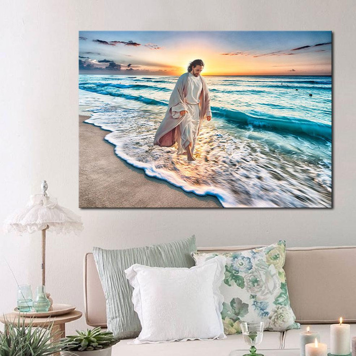 Jesus Christ Walking On The Beach, Christian Canvas, Easter Gift Ideas, Jesus Art Decor, Easter's Day Wall Art Home Decor - ATMTEE