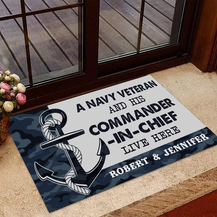 Veteran Welcome Rug, Welcome Mat, Custom Doormat, Personalized Navy Veteran Camo Couple Doormat - ATMTEE