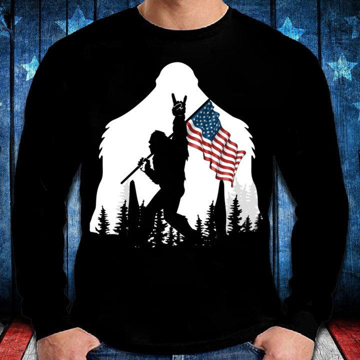Bigfoot Rock And Roll USA Flag in The Forest Long Sleeve - ATMTEE