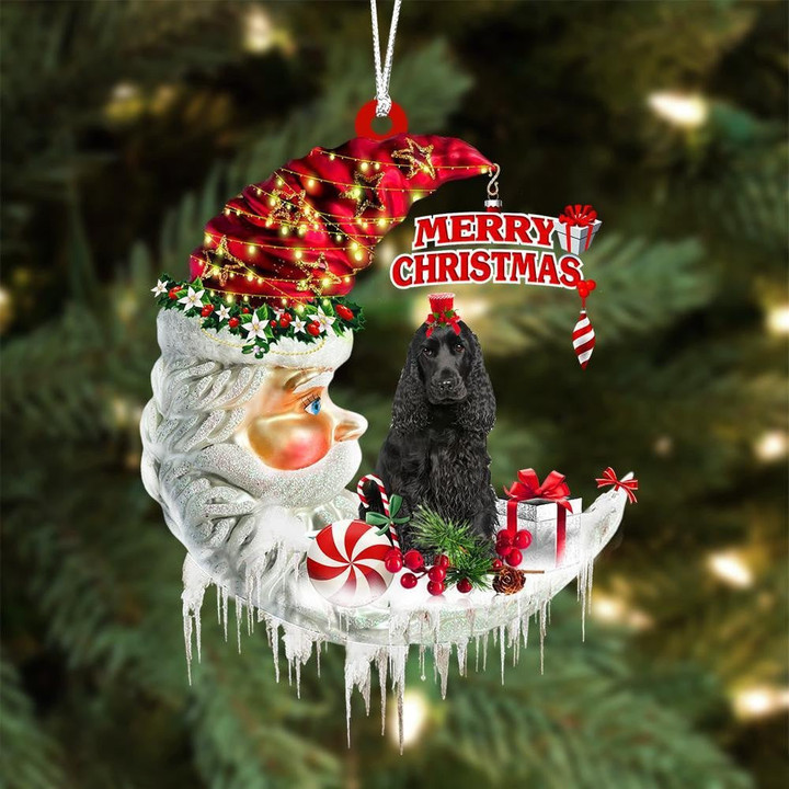 Black Cocker Spaniel On The Moon Merry Christmas Hanging Ornament Flat Acrylic Dog Ornament