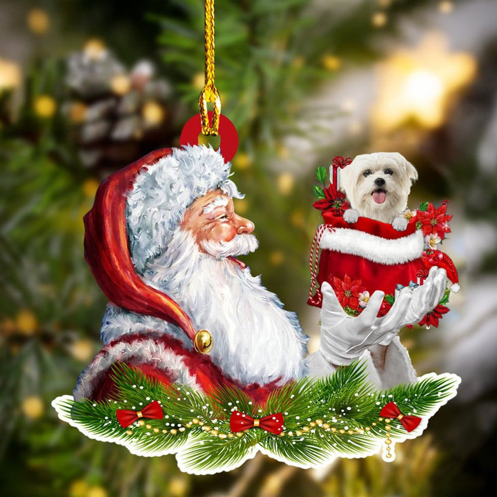 Maltese and Santa Christmas Ornament for Dog Lovers, Dog Mom Acrylic Dog Ornament