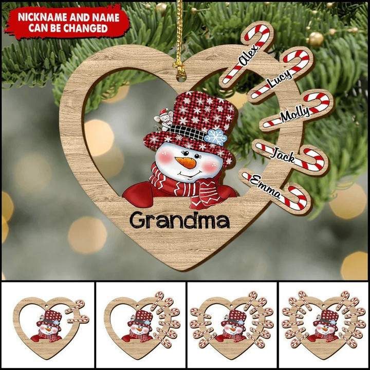 Personalized Grandma Snowman Heart Custom Shaped Wooden Ornament for Home