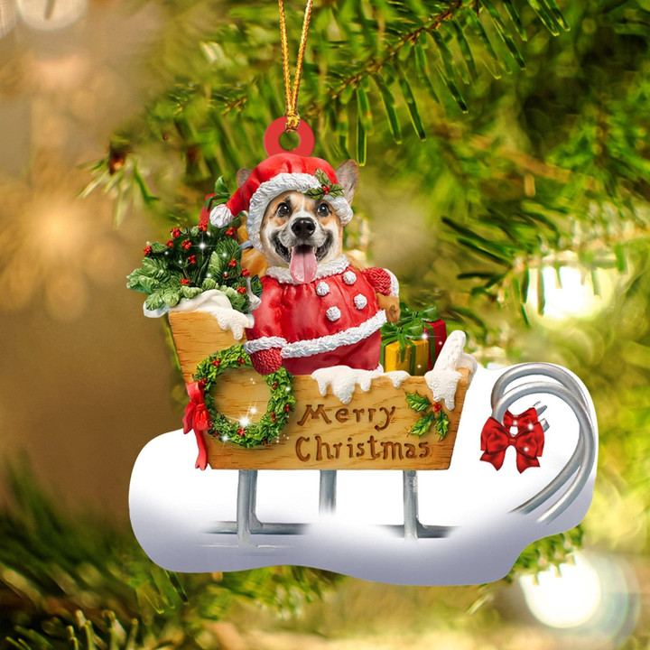 Corgi Sitting On A Cute Sleigh Ornament Flat Acrylic Funny Dog Ornament