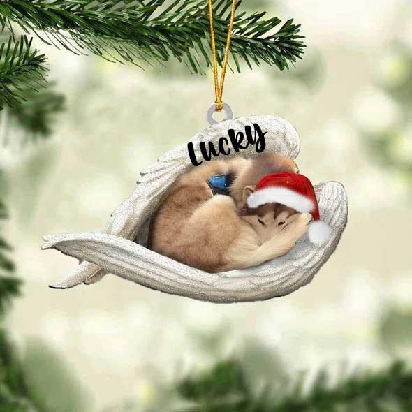 Personalized Tan And White Husky Sleeping Angel Christmas Flat Acrylic Dog Ornament Memorial Dog Gift
