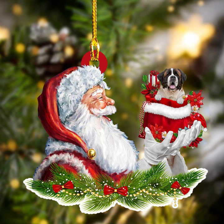 St Bernard and Santa Christmas Ornament for Dog Lovers, Dog Mom Acrylic Dog Ornament