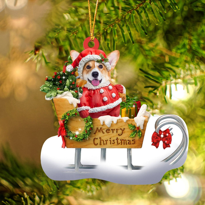 Welsh Corgi Sitting On A Cute Sleigh Ornament Flat Acrylic Funny Dog Ornament