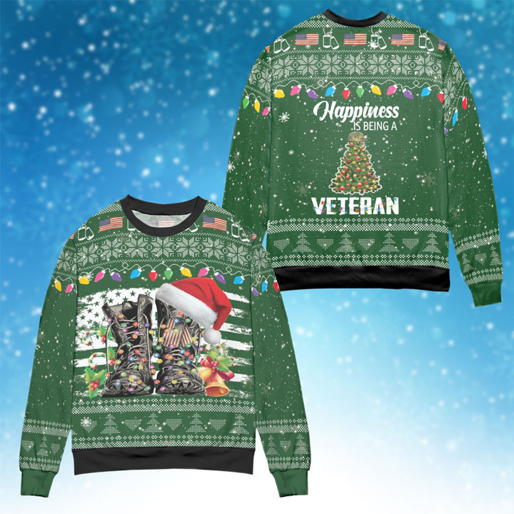 Happiness is Being A Veteran Ugly Christmas Sweatshirt US Veteran Sweatshirt Xmas Gifts For Him
