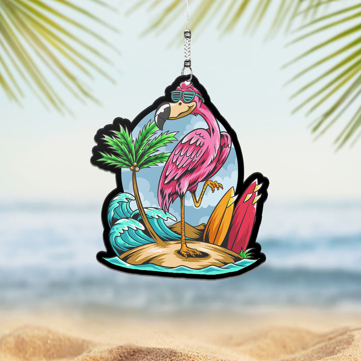 Summer Flamingos On The Beach With Coconut Trees And Surf Boards NI2110347YT Ornaments, 2D Flat Ornament
