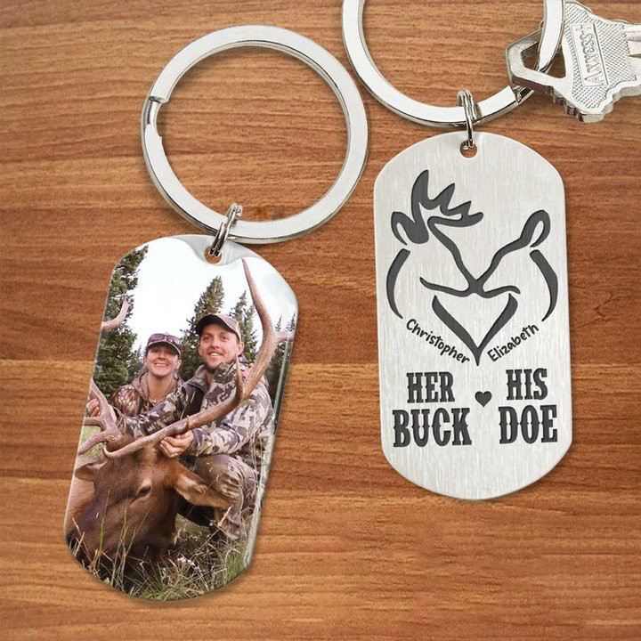 Her Buck His Doe, Custom Couple 2D Keychain for Deer Hunting Lover, Gift for him birthday