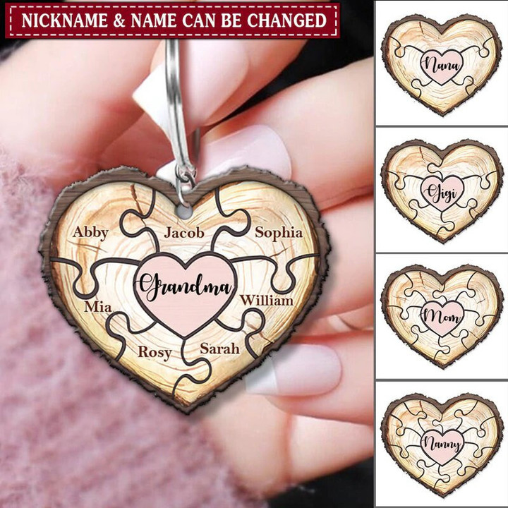 Customized Grandma Wooden Heart 2D Keychain, Flat 2D Keychain for Mom & Grandma 2D Keychain