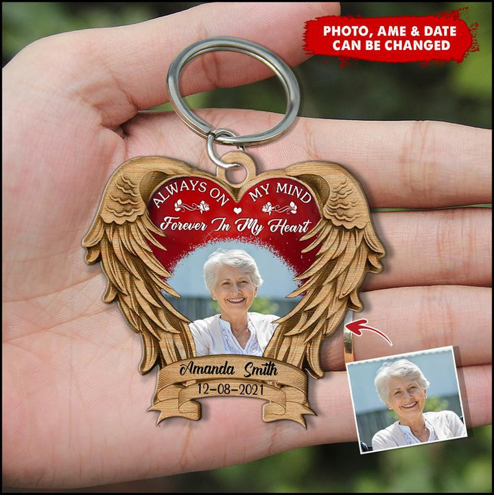 Always On My Mind Forever In My Heart Memorial Personalized Wooden 2D Keychain