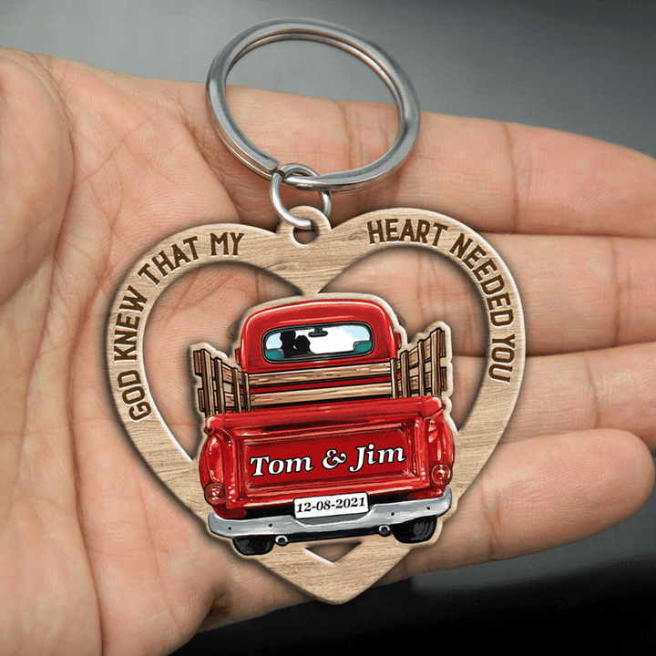 Personalized Couple 2D Keychain, Red Truck God knew that my heart needed you 2D Keychain for girlfriend, wife