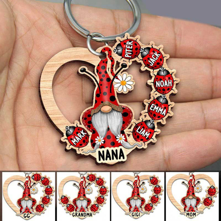Personalized Nana's Love Bugs Grandkids Gnome 2D Keychain, Wooden Flat Grandma Gnome 2D Keychain