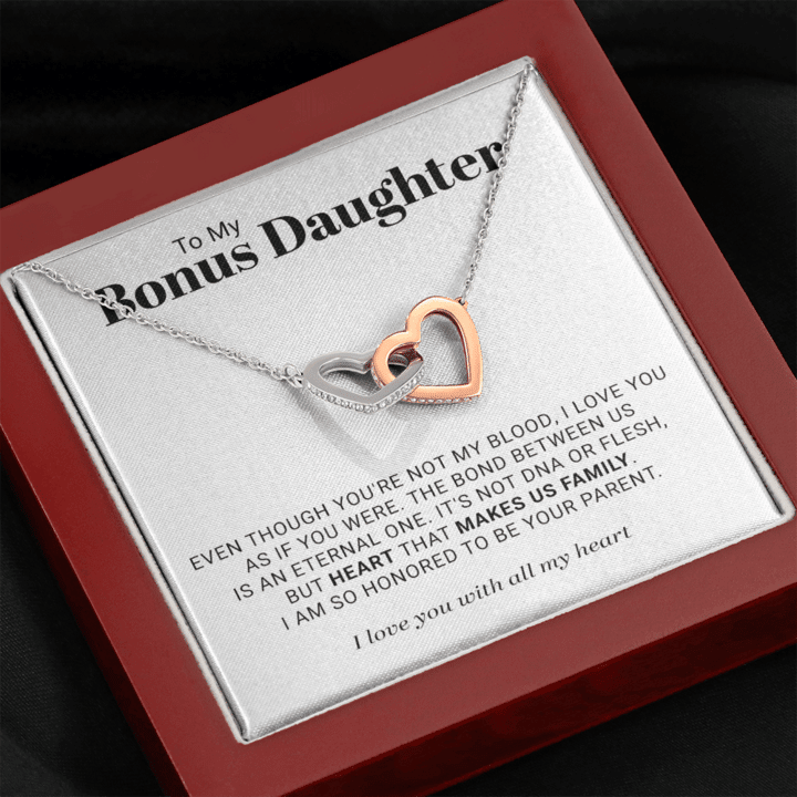 To My Bonus Daughter Necklace - Heart Makes Us Family Interlocking Heart Necklace - 1