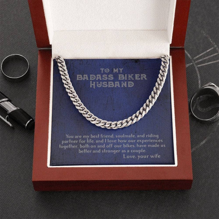 Handmade Jewelry - Personalized Gifts Custom Card Message Necklace Handmade Necklace Biker Husband Made Us Better And Stronger As A Couple Cuban Link Chain Necklace Gift For Husband Jewelry - 1