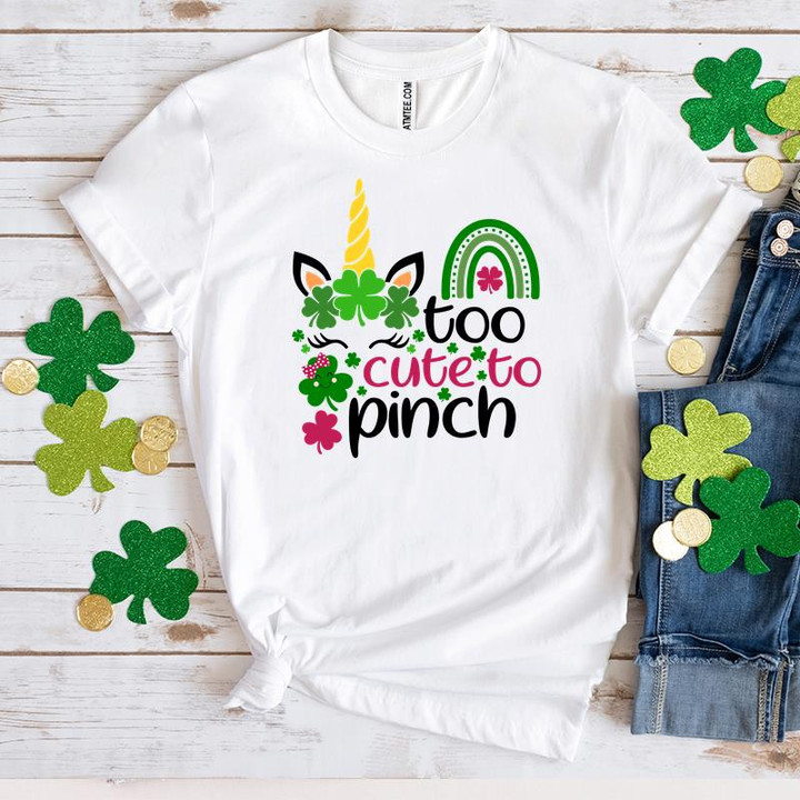St Patrick's Day Shirts, Girl St Patrick's Day, Too Cute To Pinch Unicorn w. Four Leaf Clove 1ST-69 T-Shirt