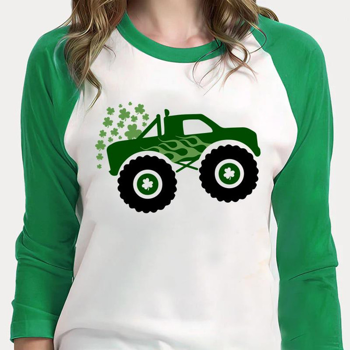 St. Patricks Day Truck Shirts, Truck With Shamrocks T-Shirt 2ST-70 3/4 Sleeve Raglan