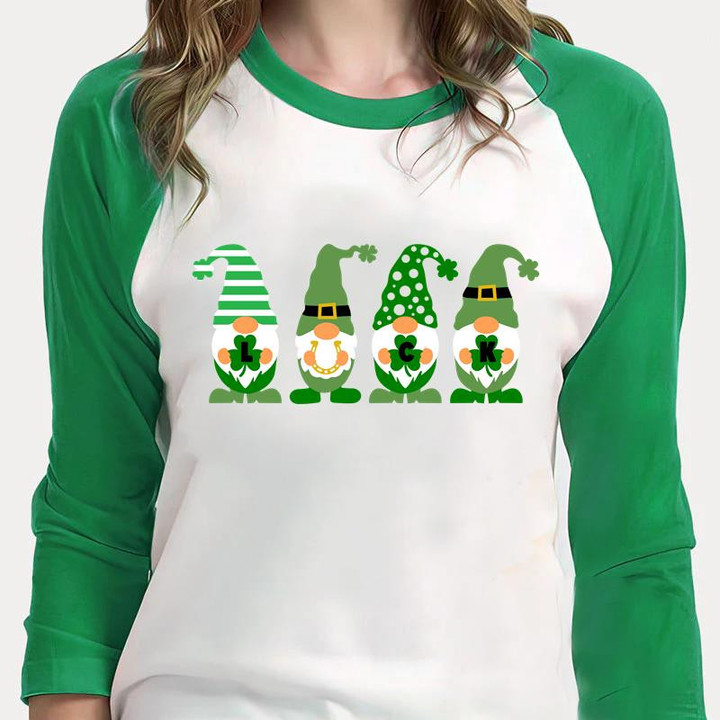 St Patrick's Day Shirts, Shamrock Irish,Patricks Day Gnomes Shirt 2ST-57 3/4 Sleeve Raglan