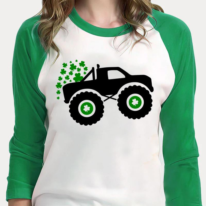 St. Patricks Day Truck Shirts, Truck With Shamrocks T-Shirt 2ST-69 3/4 Sleeve Raglan