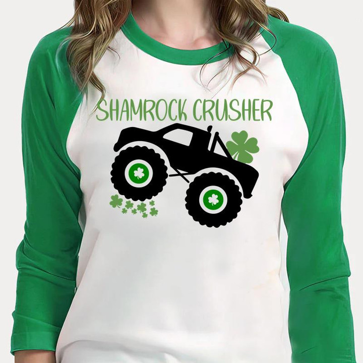 St Patrick's Day Shirts, St Patricks Shirts Irish Monster Truck Shamrock Boys 1ST-12 3/4 Sleeve Raglan