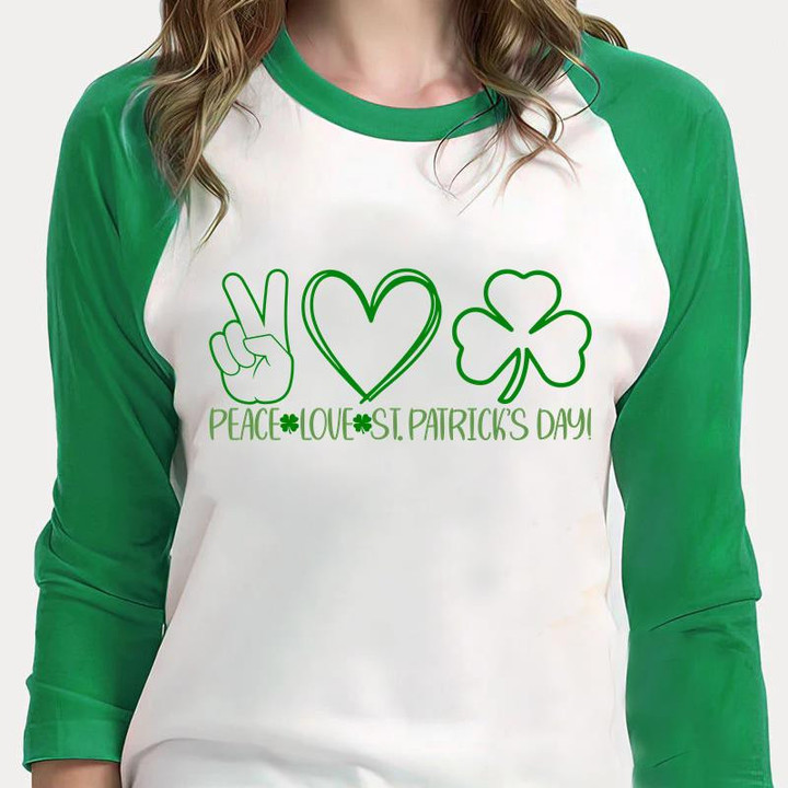 St Patrick's Day Shirts, Shamrock Shirt, Peace Love Irish 1ST-64 3/4 Sleeve Raglan