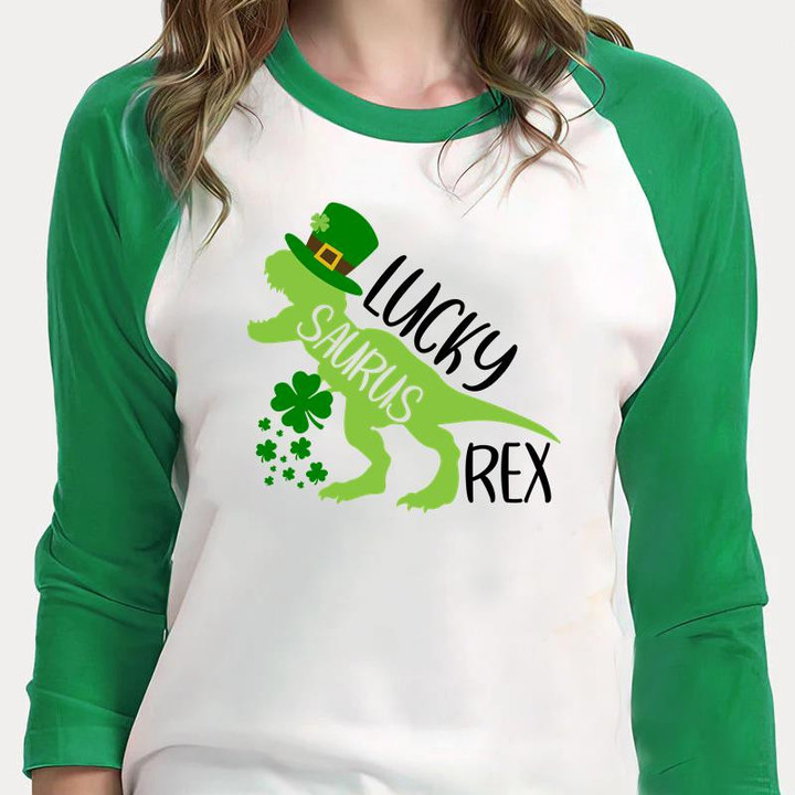 St Patrick's Day Shirts, Dinosaur Shirt, Lucky Saurus Shamrock Rex 1ST-40 3/4 Sleeve Raglan