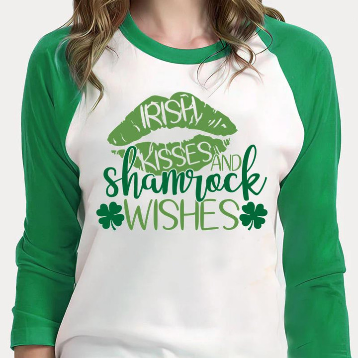 St Patrick's Day Shirts, Irish Kisses And Shamrock Wishes Shamrock 1ST-35 3/4 Sleeve Raglan