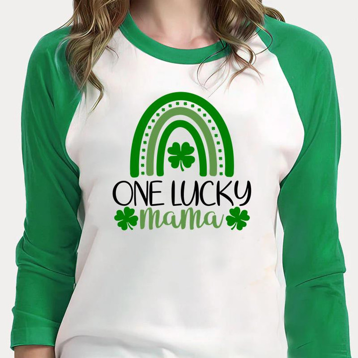 St Patrick's Day Shirts, Shamrock Mama Shirt, One Lucky Mama 1ST-85 3/4 Sleeve Raglan