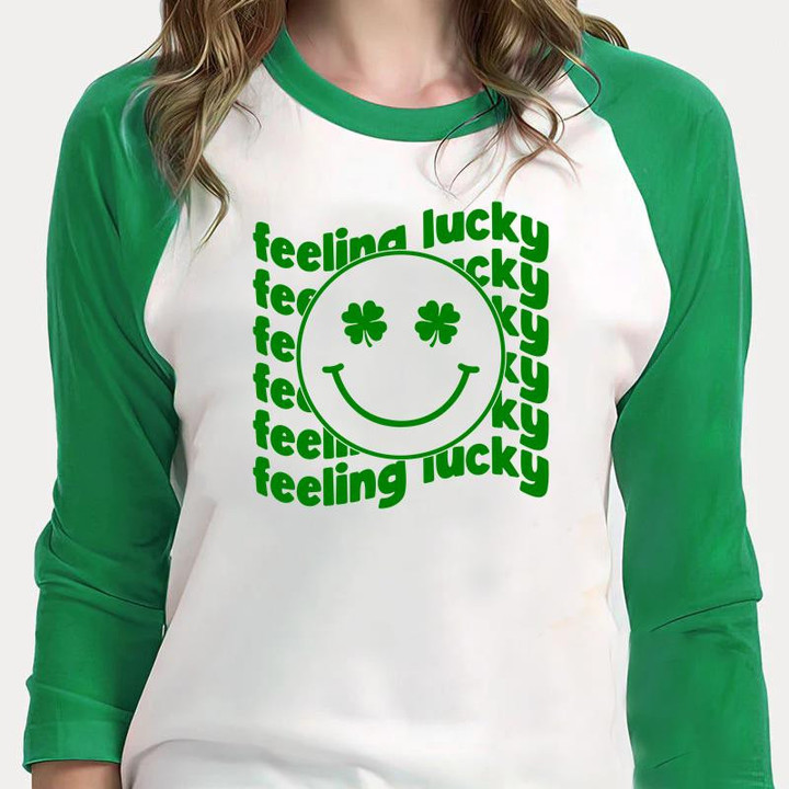 St Patrick's Day Shirts, Shamrock Shirt, Feeling Lucky 1ST-80 3/4 Sleeve Raglan