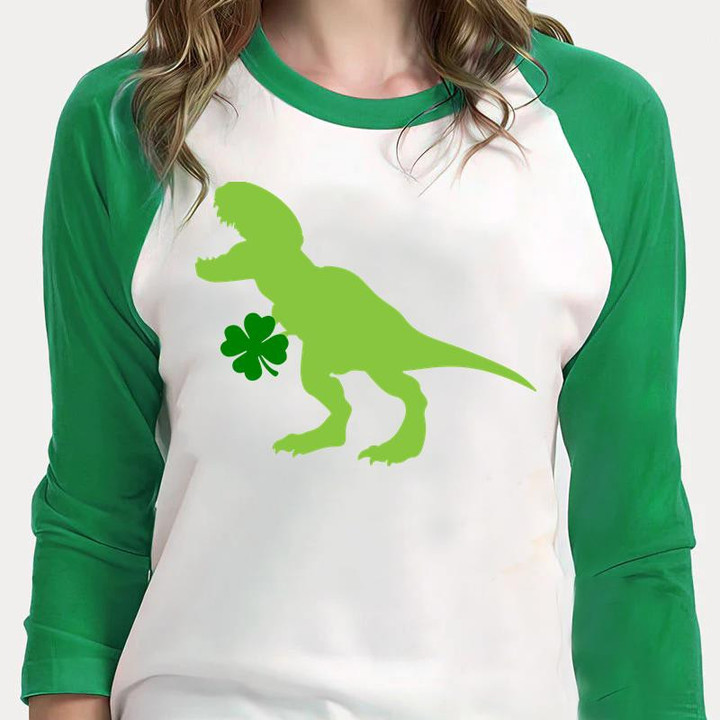 St Patrick's Day Shirts, Shamrock Irish Dinorsaur Shirt 2ST-95 3/4 Sleeve Raglan