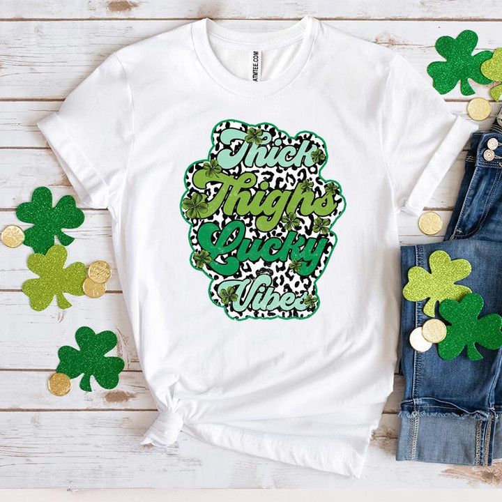 Vintage St Patrick's Day Shirts, Leopard Shamrock Shirt, Thick Thighs Lucky Vibes 3ST-41 T-Shirt